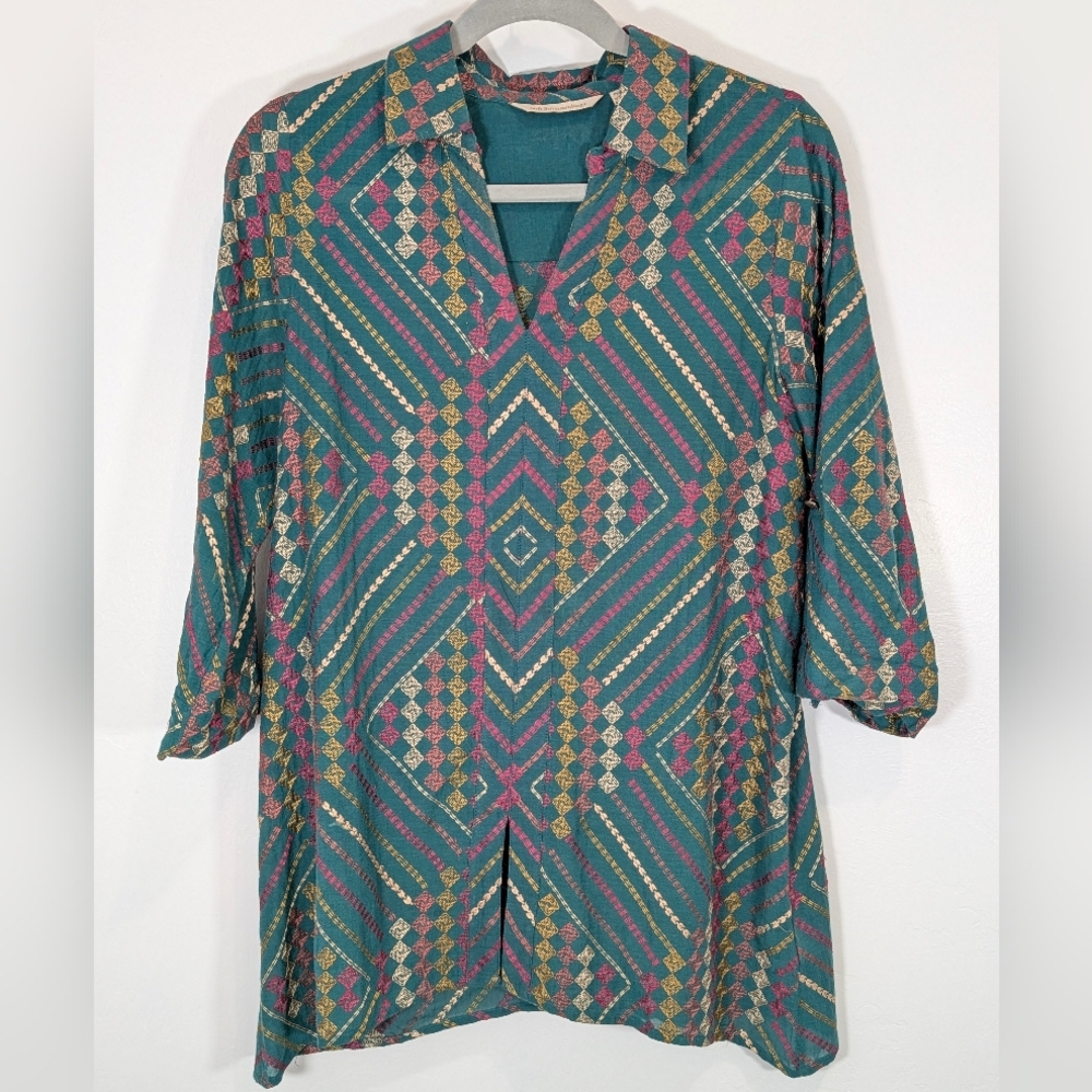 Soft Surroundings Embroidered Green Geometric Patterned Blouse Tunic Size PXS